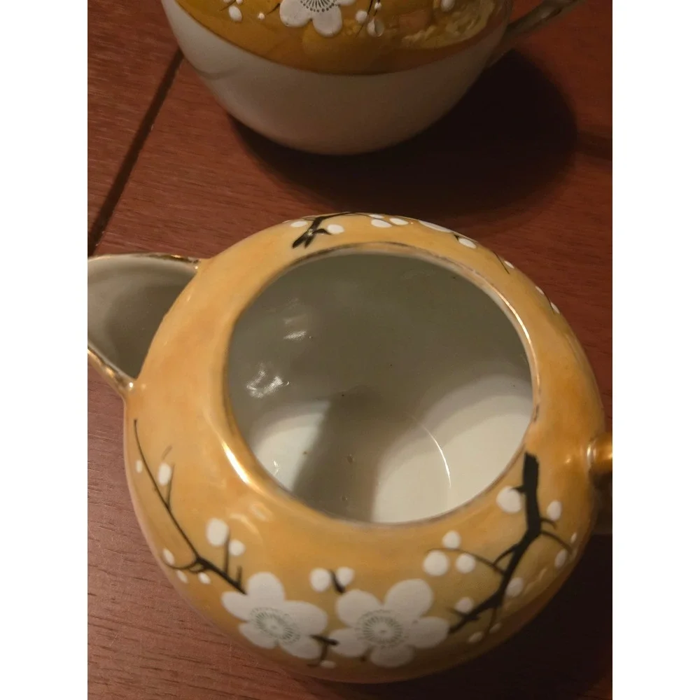 Vintage Lusterware Creamer and Sugar Bowl Set Orange Cherry Blossom Porcelain